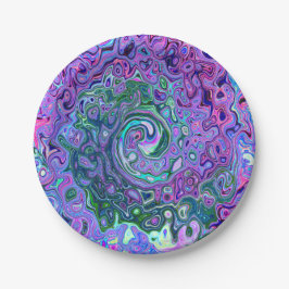 Plato De Papel Groovy Resumen Retro Green y Purple Swirl