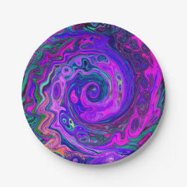 Plato De Papel Groovy Resumen Retro Magenta y Púrpura Swirl