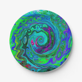 Plato De Papel Groovy Resumen Swirl Retro Verde y Azul