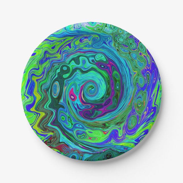 Plato De Papel Groovy Resumen Swirl Retro Verde y Azul (Anverso)