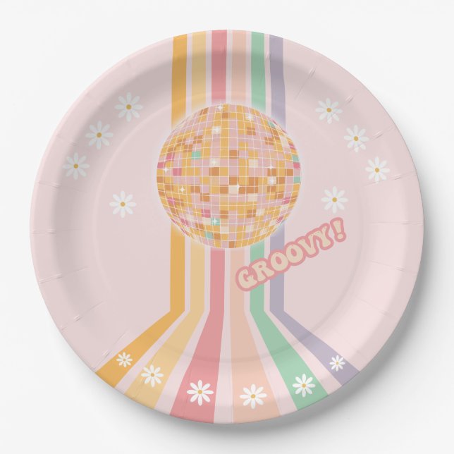 Plato De Papel Groovy Retro Daisy Disco Cumpleaños (Anverso)