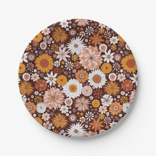 Plato De Papel Groovy Retro Flower Garden Pattern (Anverso)