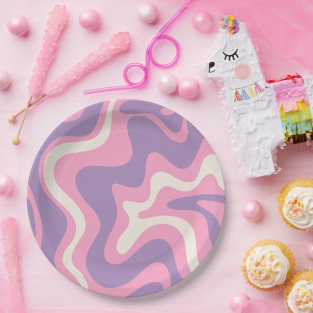 Plato De Papel Groovy Retro Liquidado Abstract Púrpura Rosa (Fiesta)