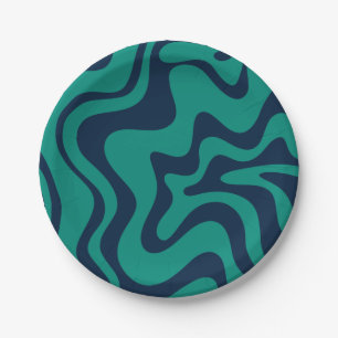 Plato De Papel Groovy retro líquido Swirl Resumen Azul y Verde az