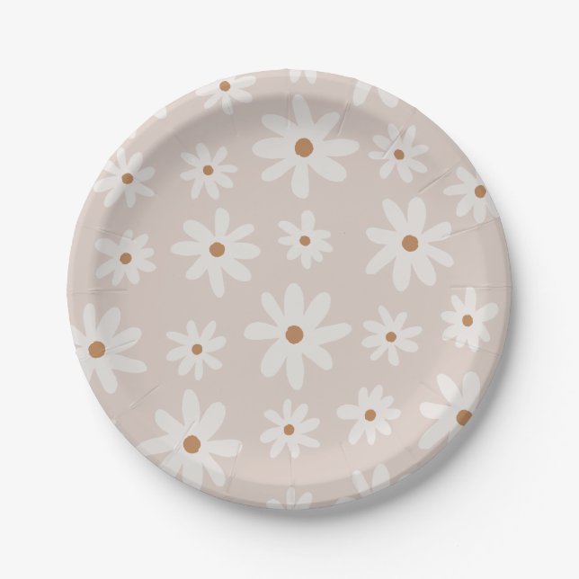 Plato De Papel Groovy Retro Luz Marrón Daisy Floral (Anverso)