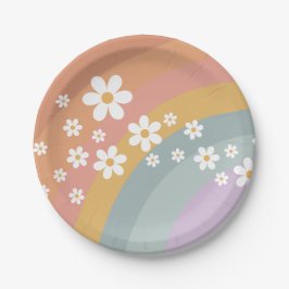 Plato de papel Groovy Retro Rainbow y Daisy