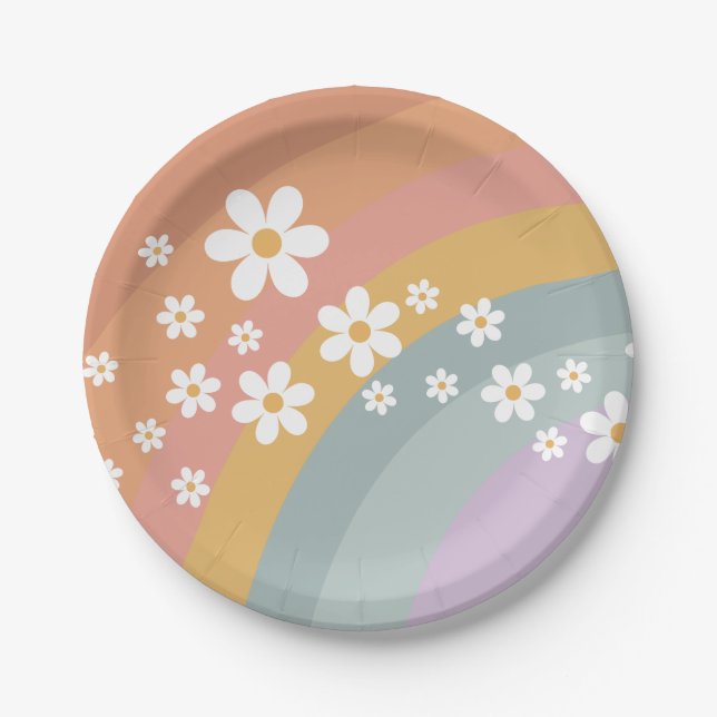Plato de papel Groovy Retro Rainbow y Daisy (Anverso)