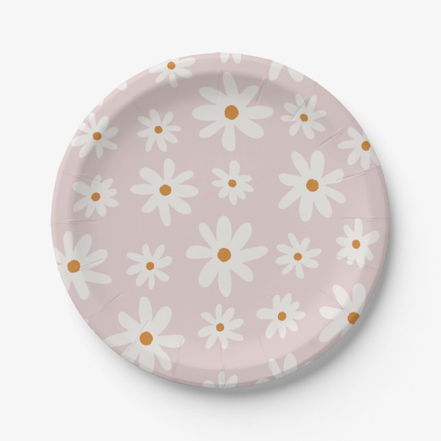 Plato De Papel Groovy Retro Rubor Pink Daisy (Anverso)
