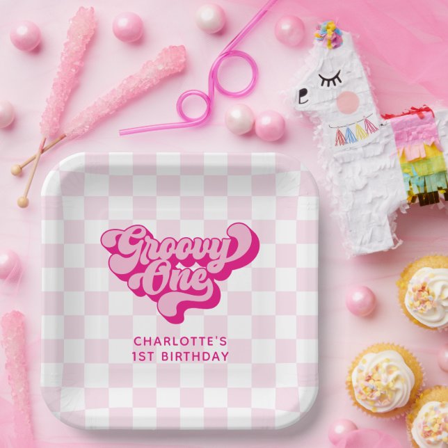 Plato De Papel Groovy retro Un cheque rosa y blanco (Fiesta)