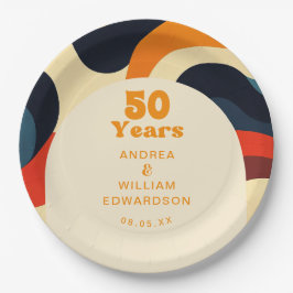 Plato De Papel Groovy Retro Wavy Boho 50º aniversario Boda