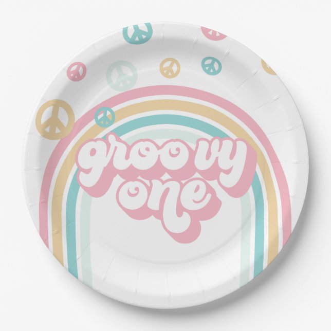 Plato De Papel Groovy un arco iris retro (Anverso)