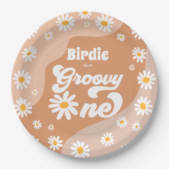 Plato De Papel Groovy Un Primer Fiesta Boho Retro Daisy  (Anverso)