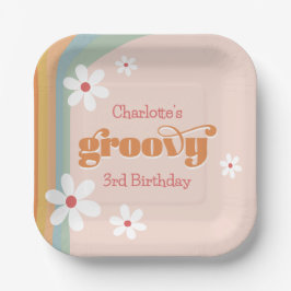 Plato De Papel Groovy White Daisies Chica de tercer cumpleaños Fi