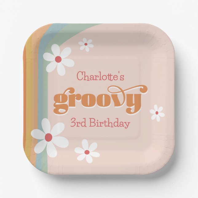Plato De Papel Groovy White Daisies Chica de tercer cumpleaños Fi (Anverso)