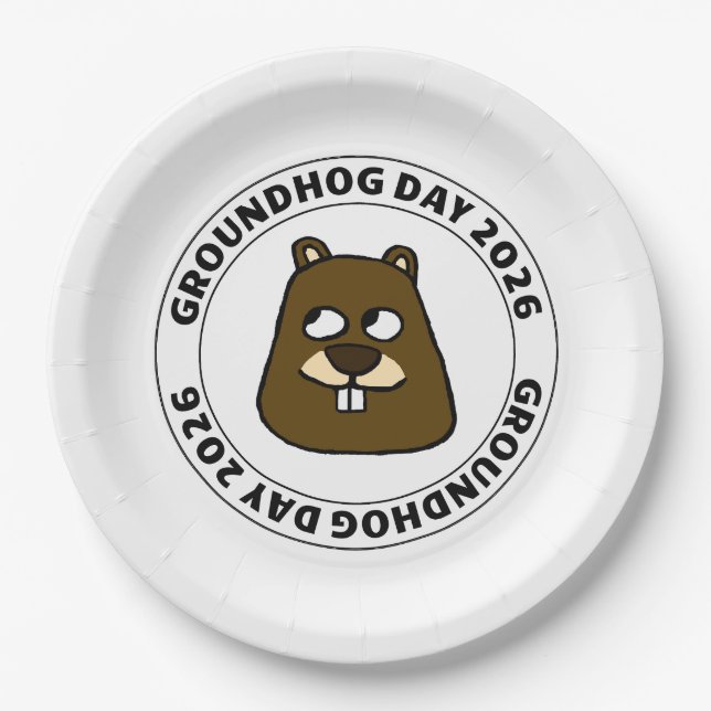 Plato De Papel Groundhog Day 2026 with Groundhog face (Anverso)