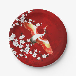 Plato De Papel Grulla Japonesa Flor de Cerezo Blanca Rojo