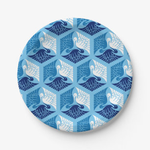 Plato De Papel Grullas japonesas, marina, blanco y azul claro
