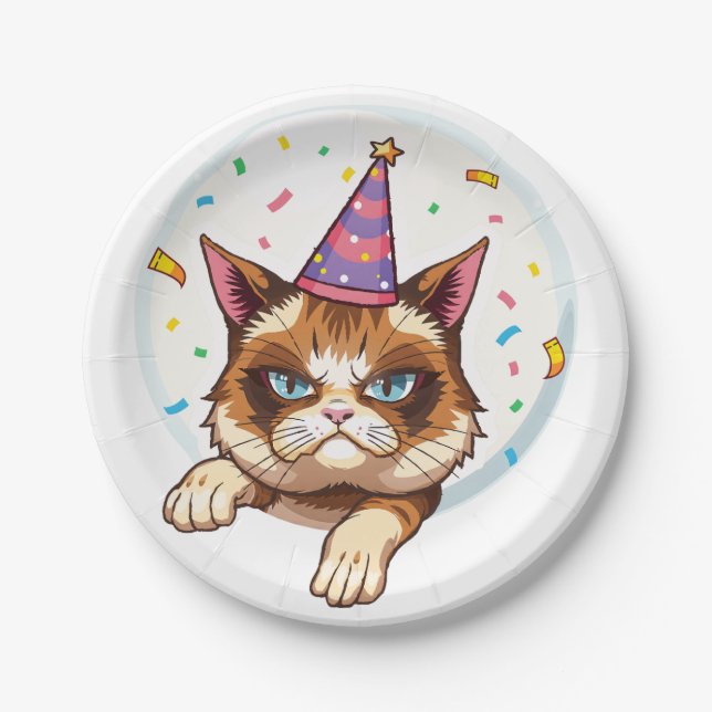 Plato De Papel Grumpy Gato de Cumpleaños - Gorra Fiesta y Confett (Anverso)