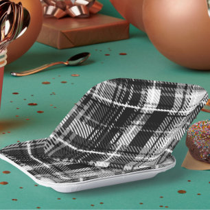 Plato De Papel Grunde Blanco Negro Flannel Tartán Diseño