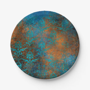 Plato De Papel Grunge Boho Copper Blue Floral Damask