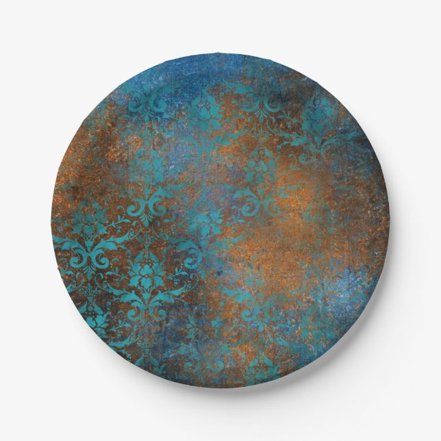 Plato De Papel Grunge Boho Copper Blue Floral Damask (Anverso)