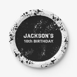 Plato De Papel Grunge Paint Splatter Black & White Birthday