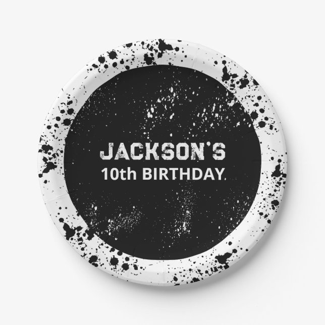 Plato De Papel Grunge Paint Splatter Black & White Birthday (Anverso)