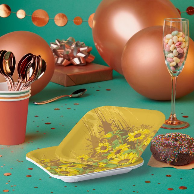 Plato De Papel Grunge Sunflower Art Negrita Floral Rústica Amaril (Subido por el creador)