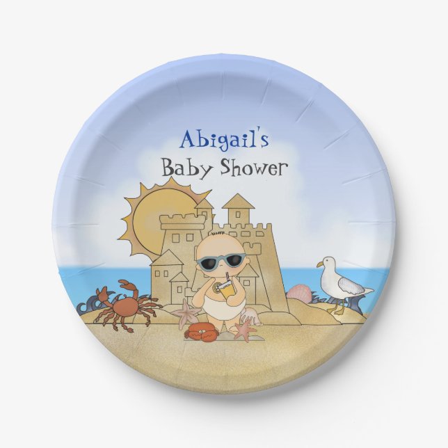 Plato De Papel Guay Beach Baby Shower Plates personalizados ~ Boy (Anverso)