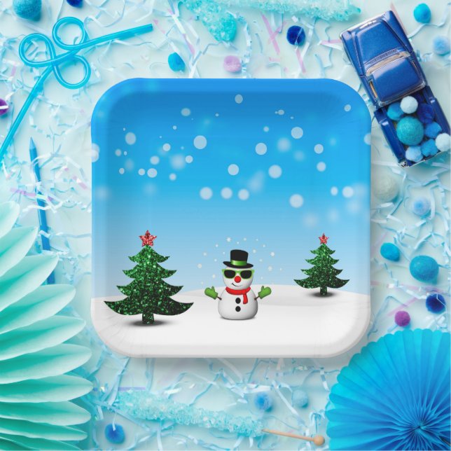 Plato De Papel Guay divertido Snowman Sparkly Árboles de Navidad  (Fiesta)