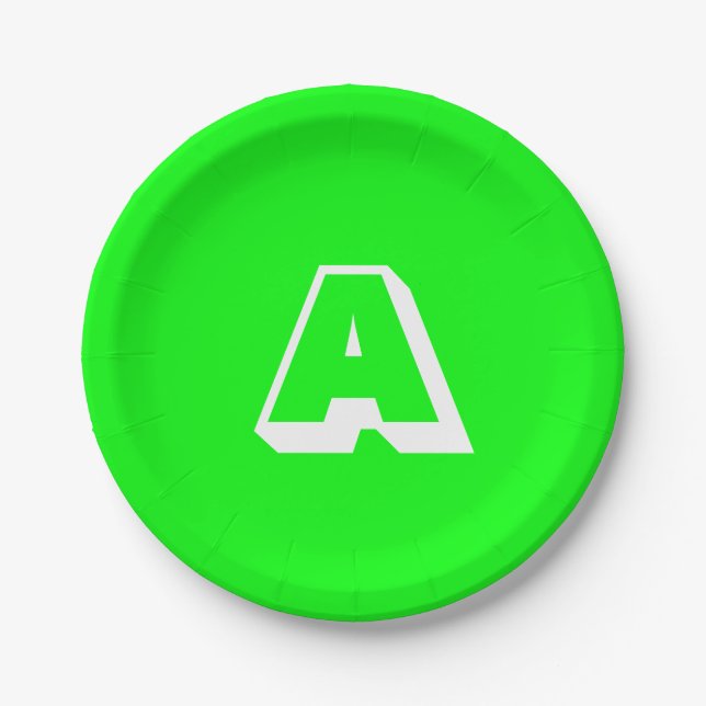 Plato De Papel Guay neón personalizado blanco verde monograma ini (Anverso)