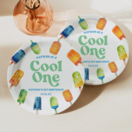 Plato De Papel Guay One Blue Retro Popsicle Primer Fiesta de cump