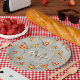 Plato De Papel Guay pizza slices vintage gris patrón Monograma