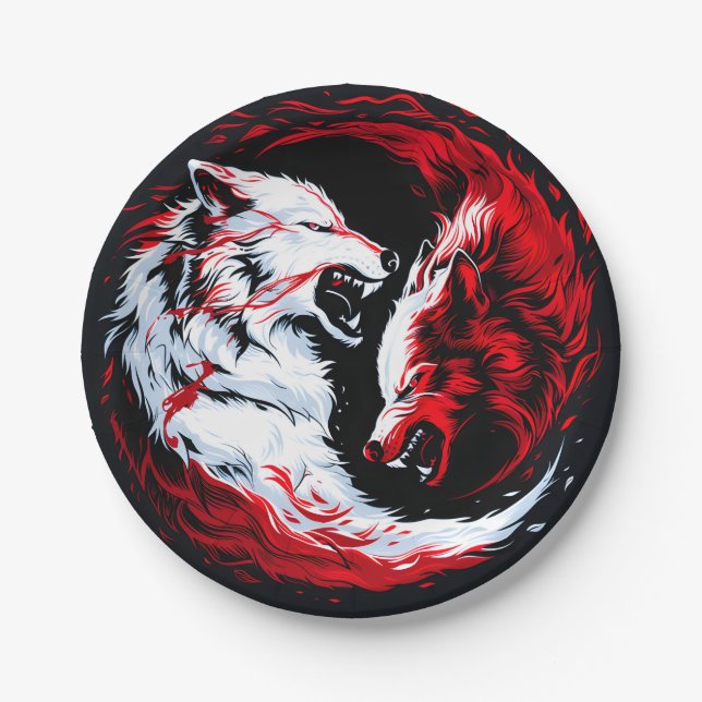 Plato De Papel Guerrero cósmico lobo blanco rojo (Anverso)