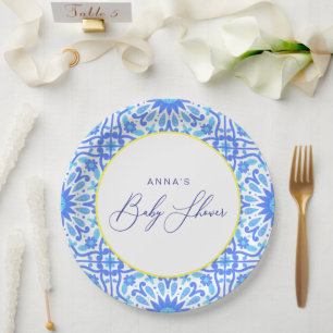 Plato De Papel Guión Baby Shower de la línea amarilla azul en ita