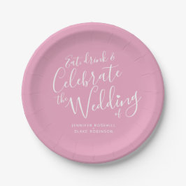 Plato De Papel guion blanco rosado simple boda personalizado