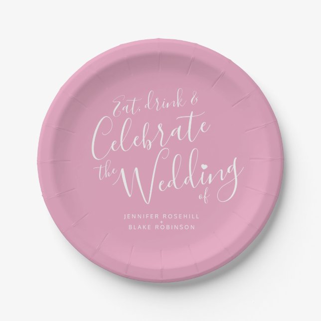 Plato De Papel guion blanco rosado simple boda personalizado (Anverso)
