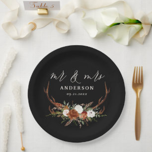 Plato De Papel Guión de boda botánica rústica de ciervo señor y s