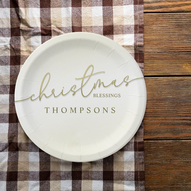 Plato De Papel Guión de caligrafía de oro Fiesta de navidades (Christmas blessings gold calligraphy script paper plate with a simple watercolor background. )