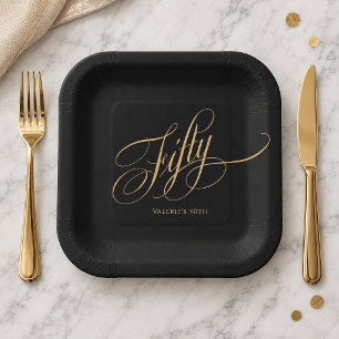 Plato De Papel Guión de Caligrafía Dorada Negra Moderna Cumpleaño