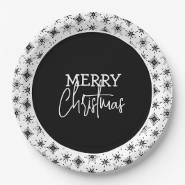 Plato De Papel Guión de Feliz Navidad Copos de Nieve Negros