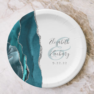 Plato De Papel Guion de geoda de ágata boda de plata turquesa