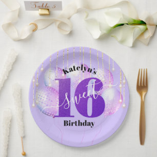 Plato De Papel Guión de globos de cumpleaños 16 Purpurina morado
