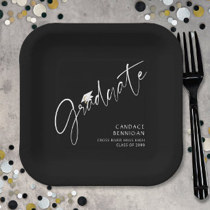 Plato De Papel Guión de graduado moderno Cap blanco negro