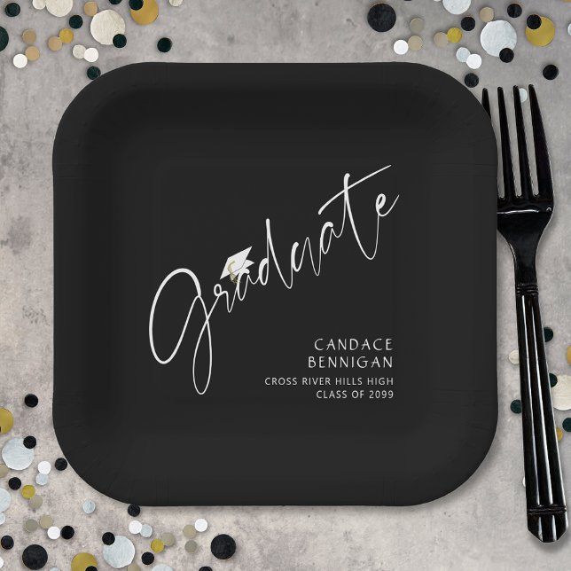Plato De Papel Guión de graduado moderno Cap blanco negro (Subido por el creador)