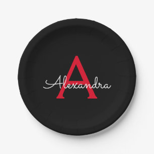 Plato De Papel Guión de monograma de chica nombre rojo negro