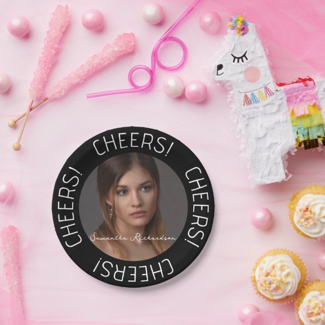 Plato De Papel Guión de nombre de foto de Cheque Negro Personaliz (Fiesta)