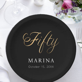 Plato De Papel Guión de nombre de oro negro 50 cumpleaños