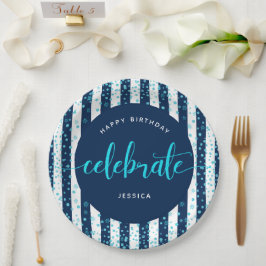 Plato De Papel Guión de purpurina turquesa de franjas de la marin