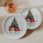 Plato De Papel Guión elegante del árbol navideño acuarela<br><div class="desc">Este diseño presenta una hermosa acuarela de árbol de Navidad con regalos de Navidades empacados en rojo y un sencillo y elegante guión.</div>